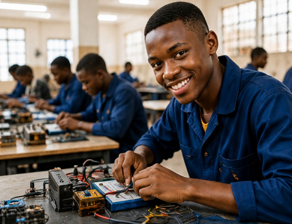 Smiling student working on vocational electronics training